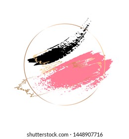 Black and pink brush strokes in gold round frame. Vector illustration.