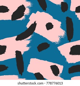 Black and pink brush strokes on blue background. Modern seamless pattern. Grunge, sketch, watercolor, graffiti, paint. Vector illustration. 