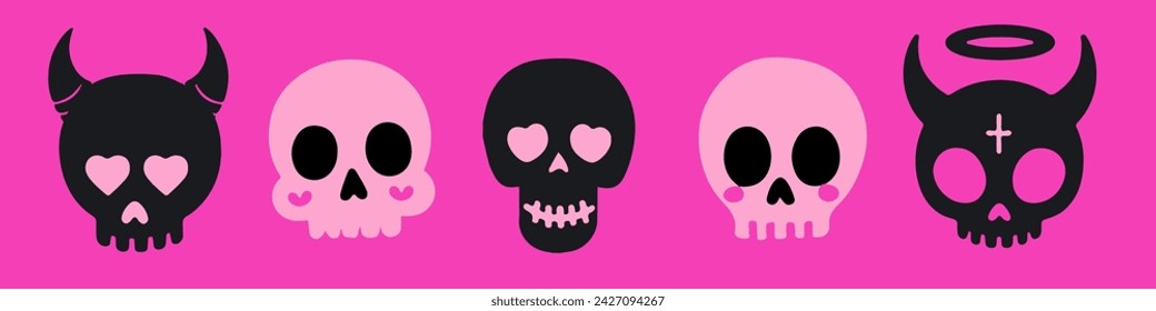 Black and pink cartoon skulls in various designs. Vector illustrations for flash tattoos and stickers.