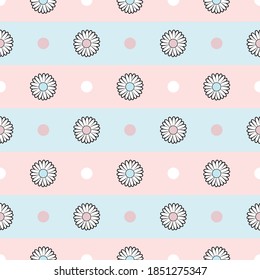 Black and pink daisy flower vector pattern background. Pastel stripe pattern with flowers and dots.
