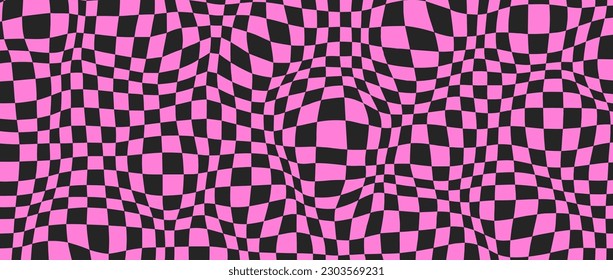 Black and pink distorted checkerboard background. Retro emo psychedelic checkered wallpaper. Wavy groovy chessboard surface. Trippy twisted geometric pattern. Abstract vector backdrop