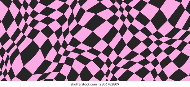 Black and pink distorted checkerboard background. Retro emo psychedelic checkered wallpaper. Wavy chessboard surface. Trippy twisted geometric pattern. Abstract vector backdrop