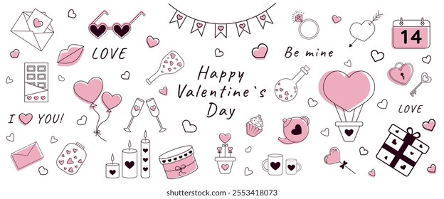 Black and pink doodle  Valentines day collection. Happy Valentines day set.Cartoon romantic elements: envelopes, baloons, flags, chocolate, bottles, gift, candles,hearts, ring, lips, cupcake,  teapot.