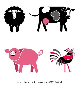 Black and pink farm animals vector set on a white background (sheep, cow, pig, rooster)