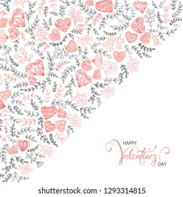 Black and pink floral elements with red decorative hearts and lettering Happy Valentine's Day on white background, illustration.