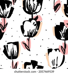 Black and Pink Flower Marker Vector Seamless Pattern. Lotus Light Paper Texture. Beautiful Felt pen Template. Tulip Textile Wallpaper.