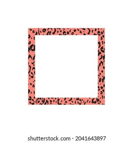 Black and pink frame with modern ornament of stylized leopard skin. Squared pattern in form of mandala. Decorative border with animal ornament. Trendy leather skin. Copy space. Vector illustration