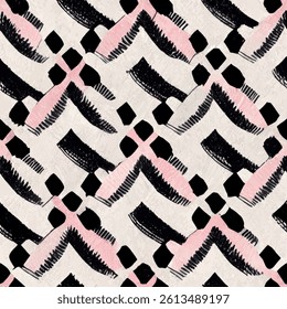 Black and pink, glittery mascara brush strokes, grunge lines ikat pattern, striped seamless pattern, Vector illustration background for print the paper.