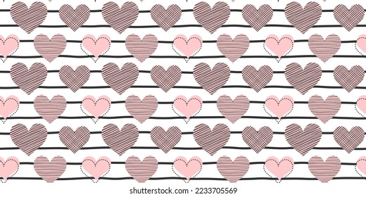 Black and pink hearts with different textures on a black and white striped background. Valentine`s day and wedding endless texture. Vector seamless pattern for wrapping paper, giftwrap, cover or print