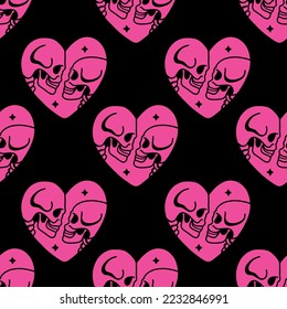 Black and pink hearts with skeletons in love. Seamless emo pattern