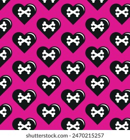 Black and pink hearts with skulls vector hand drawn in emo style