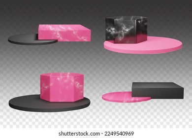 Black and pink jewelry pedestals. Cosmetic and beauty products podium compositions with marble texture. 3d platforms mockup in vector.