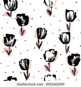 Black and Pink Lotus Drawing Vector Seamless Pattern. Rose Light Background. Summer Marker Illustration. Flower Decorative Design.
