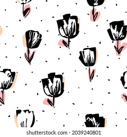 Black and Pink Lotus Drawing Vector Seamless Pattern. Blossom Abstract Paper Texture. Light Drawn Design. Tulip Floral Illustration.