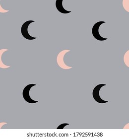 Black and pink moons seamless pattern on grey background. Simple minimalist pattern in scandinavian nordic style, hygge textile fabrics repeat backdrop. Grey background seamless for wallpaper