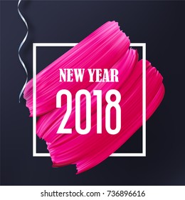 Black and Pink New Year 2018 art elegant banner. Vector white Frame and pink lipstick smear.