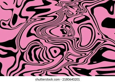 Black And Pink Op-art Trippy Background With Warped Lines. Trippy 70s Style Illustration.