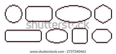 Black and pink pixel text boxes. Empty pixelated frame collection. Retro 8 bit border shape pack for speech chat bubble, message cloud, communication dialog, talk balloon. Vector illustration bundle
