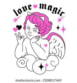 Black and pink print with Y2K Baby devil angel and slogan: love magic. Weird character with hearts and stars. 14 February or anti valentine day concept. Vintage love, 90s, 00s aesthetic.