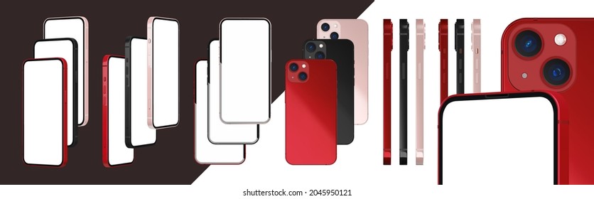 Black, pink and red color 3d realistic isolated smartphone with blank display mockup vector set