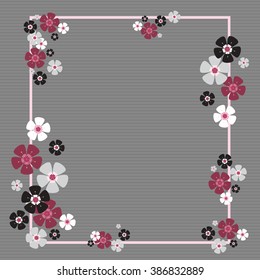 Black pink and red flowers spring frame. Vector flower border background with three-dimensional effect. Beautiful cherry blossoms frame concept with dark parts. Design spring elements and textures.