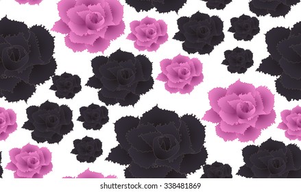 Black and pink roses on white background. Seamless pattern