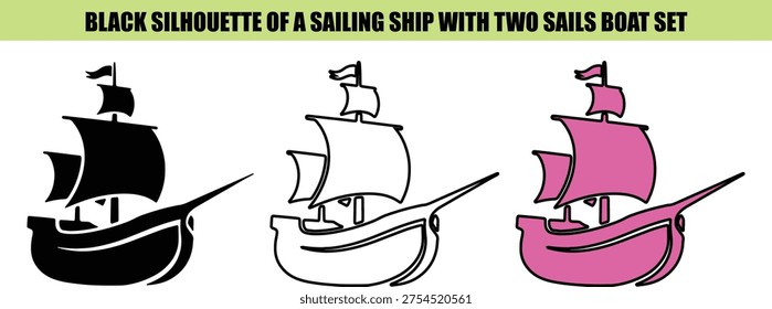 Black and pink sailing ships with two sails on white background