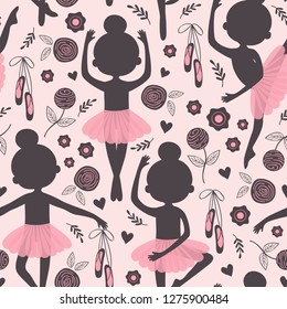 black and pink seamless pattern with silhouette ballerina girl  - vector illustration, eps