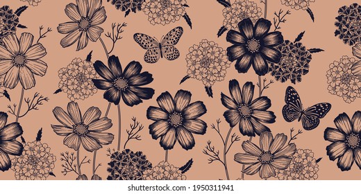 Black and pink seamless spring floral pattern. Flowering plants. Vintage vector. Cute flowers and butterflies. Victorian style. Luxurious summer textiles, paper, wallpaper decoration. Ornamental cover