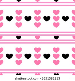 Black and pink seamless straight lines with hearts
