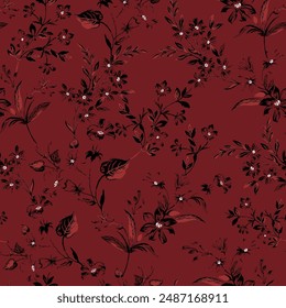 black and pink seamless vector stock flowers leaves pattern on red background