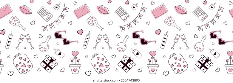 Black and pink St. Valentines Day pattern with hearts, 
candles, chocolates, bottles, flags  and others elements. Vector illustration. Pattern for wrapping paper, postcards, textile, backgrounds. 