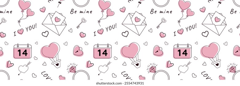 Black and pink St. Valentines Day pattern with hearts, 
envelopes, keys, locks, baloons  and others elements. Vector illustration. Pattern for wrapping paper, postcards, textile, backgrounds.