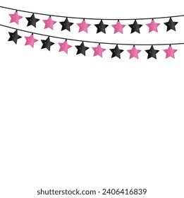 Black and pink stars garland isolated on white background, Holiday decor, Realistic 3d element for festive design, hanging light bulbs, Bright colored garland lights decoration.