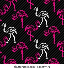 Black and pink striped flamingo bird pattern. Outline hand drawn doodle Hawaii birds seamless vector background.