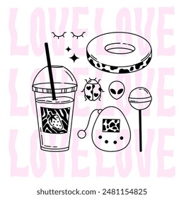 Schwarz-rosa Sommer-Vektorillustration im Y2k-Stil. Liebe, Spielekonsole, Lutscher, Swin Ring, Alien, Erdbeere Milchshake, Marienkäfer. Design für den Druck auf einem T-Shirt, Poster, Skizzenbuch, Notizblock