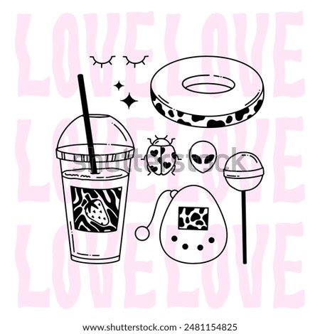 Black and pink summer vector illustration in Y2k style. Love, game console, lollipop, swin ring, alien, Strawberry milkshake, ladybug. Design for printing on a T-shirt, poster. Stylization
