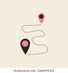 Black Pink Tagged Map Travel Edition Map Rute Pin Direction Traveling Vector Illustration