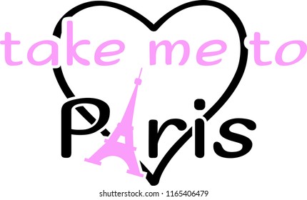 Black and pink texts with around eiffel tower and hearts. Vector illustration.