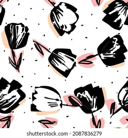 Black and Pink Tulip Marker Vector Seamless Pattern. Rose Fabric Wallpaper. Summer Drawn Paper Texture. Blossom Decorative Template.