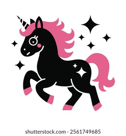 A black and pink unicorn with a pink mane and tail