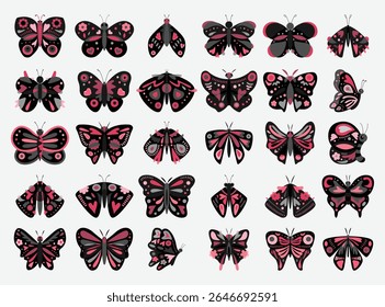 Black pink utterfly stroke outline vector set. light stroke line butterfly vintage. decoration stamp, pattern, line collection. insect elements for logo branding.