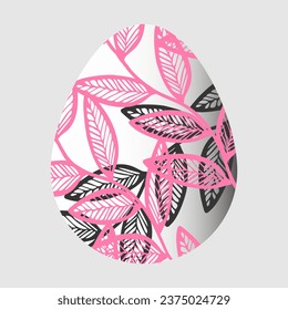 Black and pink vector illustration of one Easter egg with a floral pattern isolated on a white background