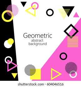 black pink white abstract geometric vector background, geometric elements, triangle, square, circle, rhombus, postcard