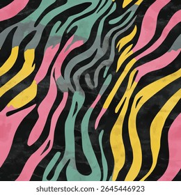 Zwarte, roze en gele zebra printpatroon met groene strepen. grunge lijnen ikat patroon, ikat naadloos patroon, Vector illustratie achtergrond voor het afdrukken van het papier.