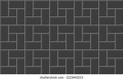 Black pinwheel tile seamless pattern. Kitchen backsplash, toilet or bathroom floor texture. Stone or ceramic brick wall background. Exterior or interior mosaic surface. Vector flat illustration