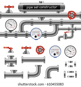 Black pipe set constructor isolated on white background. Industry pump measure device and tap collection. Design water supply system. Sewerage project plan. Easy to edit