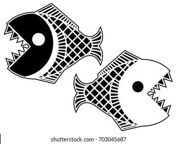 Black piranha stylized stencil, vector illustration, horizontal, isolated