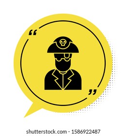Black Pirate captain icon isolated on white background. Yellow speech bubble symbol. Vector Illustration