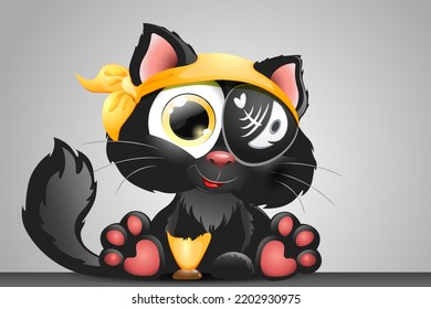 A black pirate cat with a yellow headband, a golden crutch and an eye patch with a fish bone